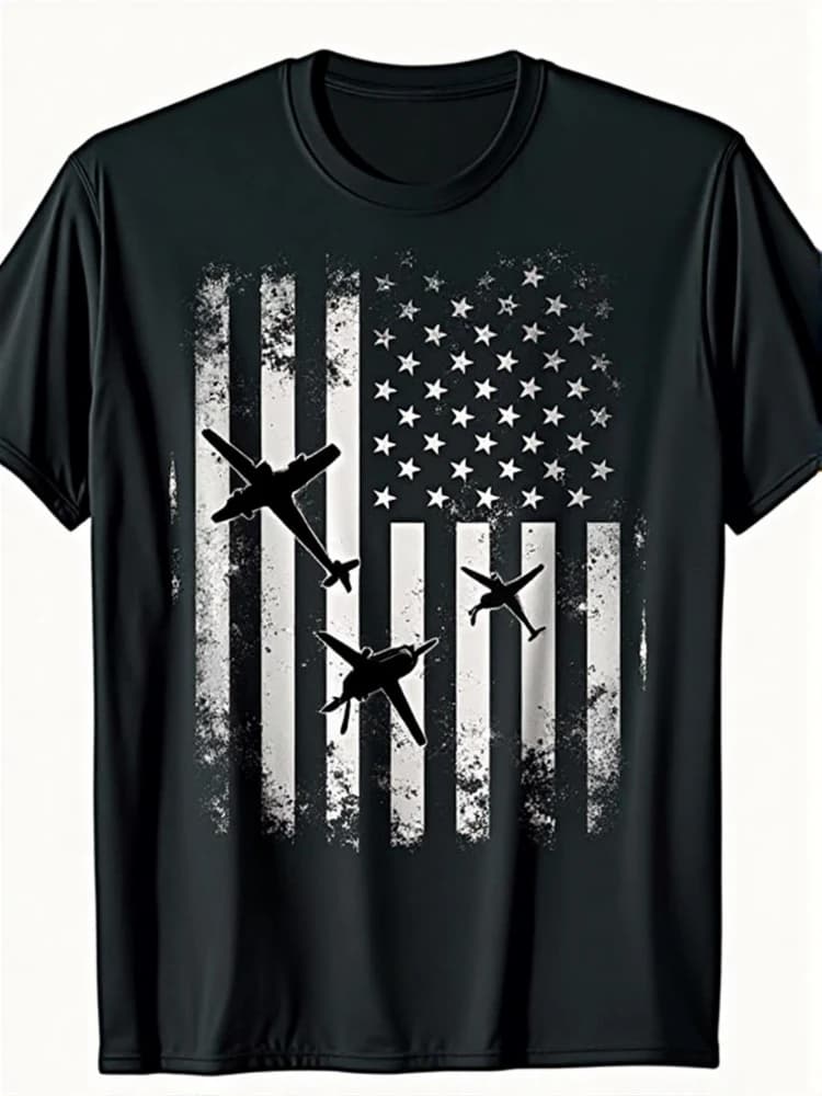 Lightweight 100%Cotton-Patriotic American Flag & Airplane Design-100% cotton O-neck short sleeve casual printed men's T-shirt.