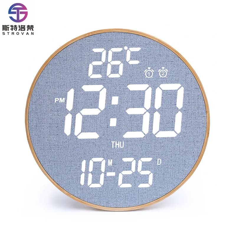 12inch Large Bamboo Wooden LED Wall Clock Perpetual Calendar Smart Electronic Alarm Remote Controls for Living Room
