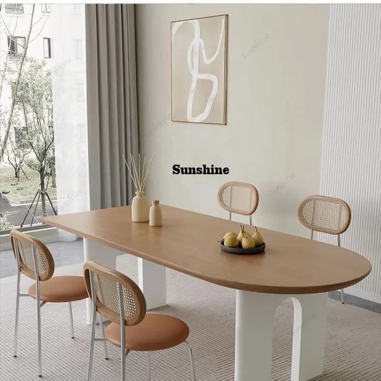Cream wind solid wood dining table Household rectangular semi-round dining table against the wall