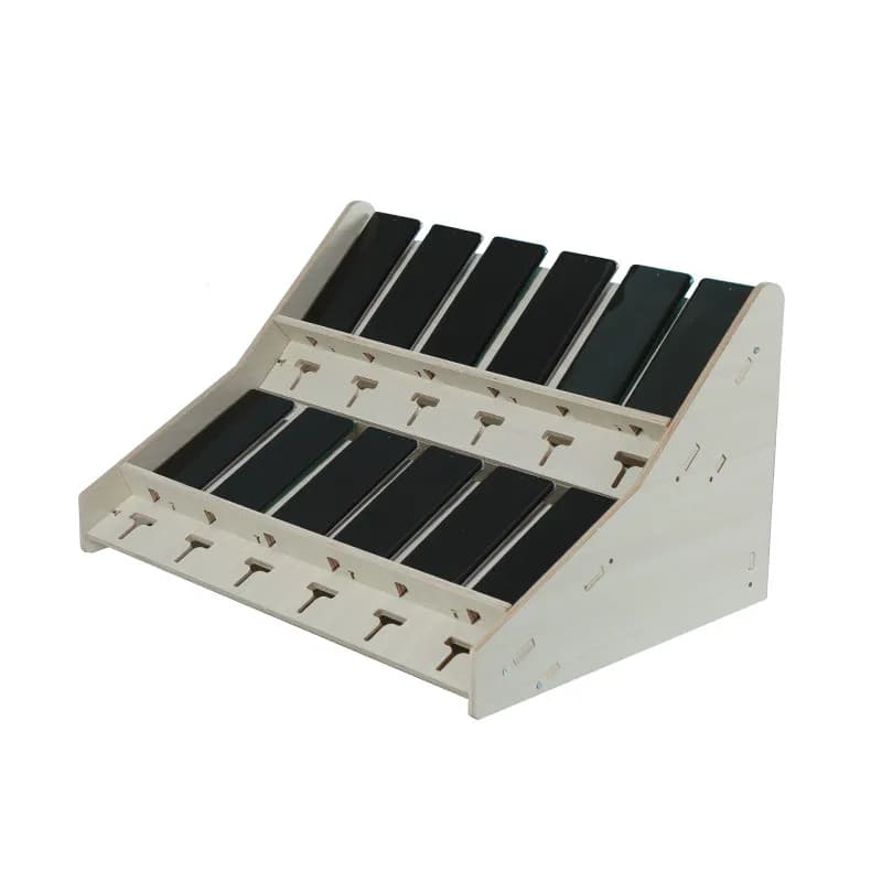 Desktop horizontal lying flat, multiple mobile phones are stored in wooden on-hook brackets, and multiple mobile phones