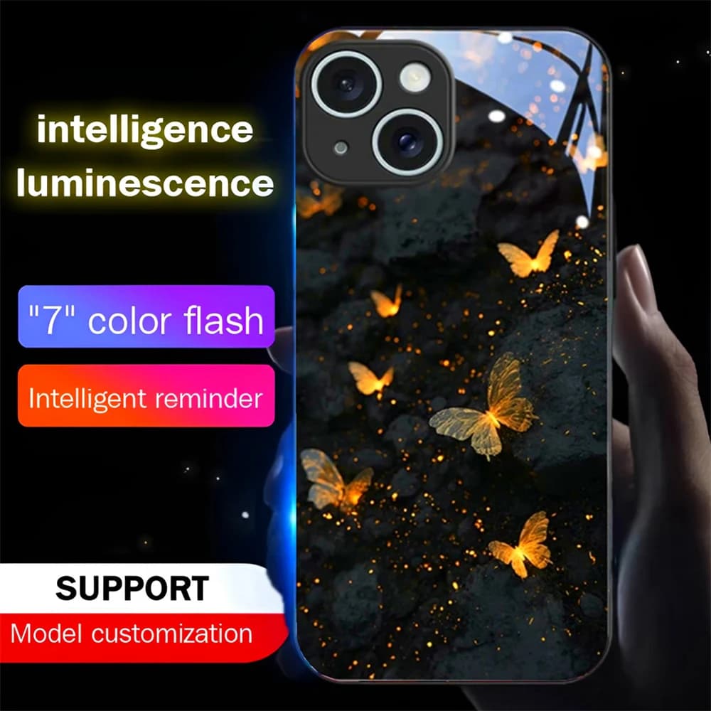 Luxury Golden Butterfly Luminous Glass LED Call Light Up Flash Phone Case Cover For Samsung S26 S25 S24 S23 S22 S21 Plus Ultra