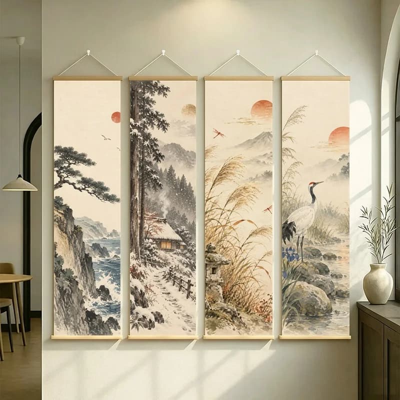 Wall Art Autumn Reeds Mountains Birds and Red Sun, Japanese Wabi Sabi Pearlescent Canvas Hanging Scroll for Ryokan Inn