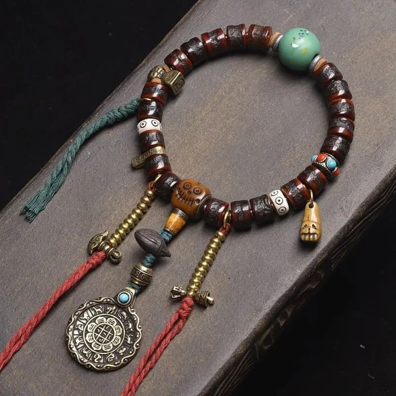Yak Bone Bead Bracelet Single Circle Old Copper Multi-Gem Inlaid Buddhist Beads Handheld
