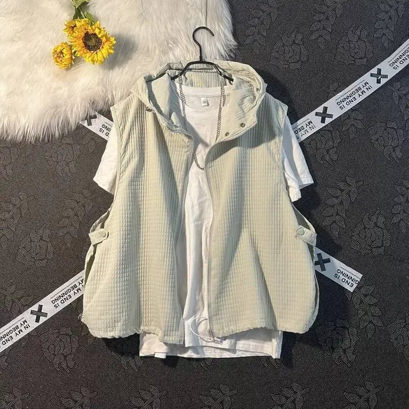 2026Japanese Style Loose Hooded Vest for Men Thin Versatile Sleeveless Cargo Waistcoat Trendy Oversized Outerwear Fashion Jacket