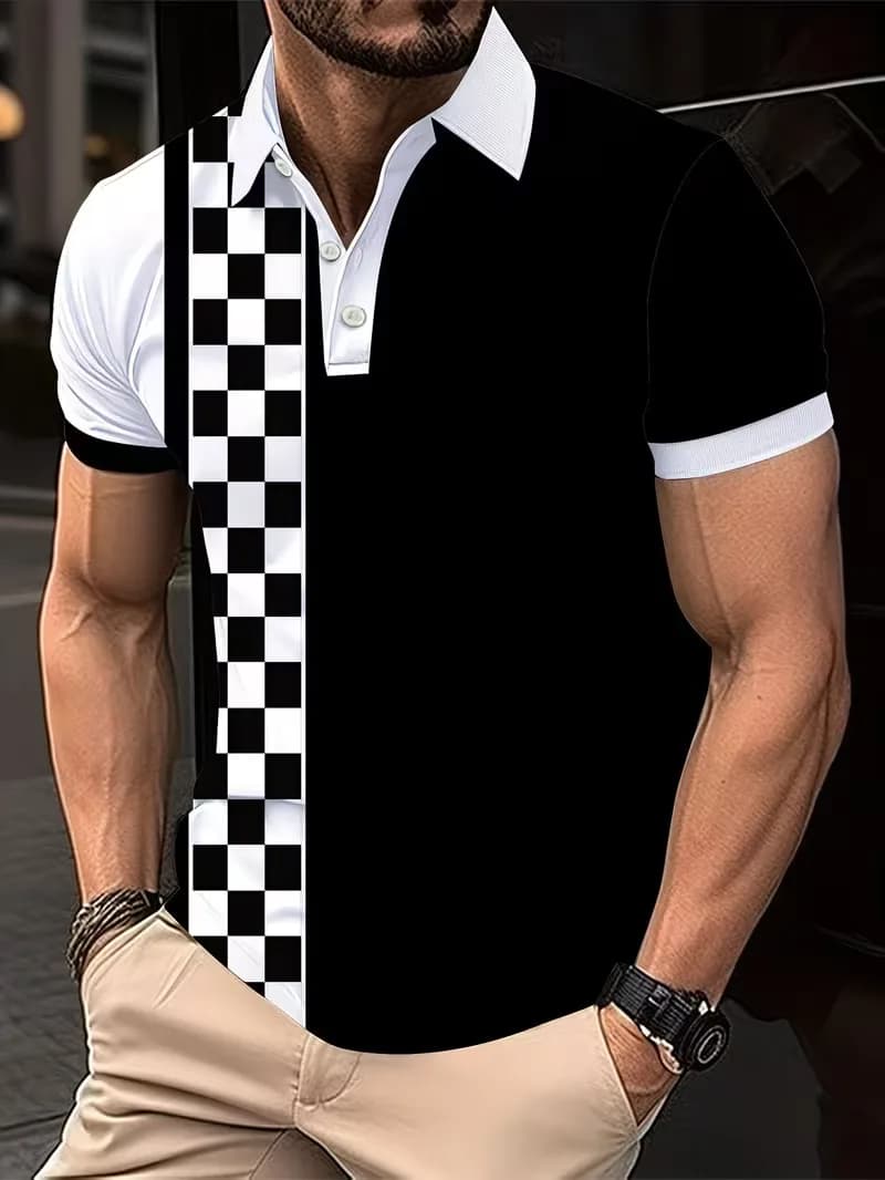 New Fashion Men's Lapel Polo Shirt checkerboard Printed Design Comfortable Loose daily Tee Round Neck Streetwear T Shirt for Man