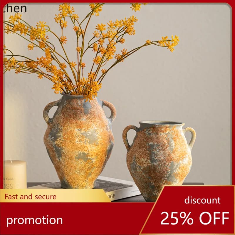 CZ Vintage Distressed Ceramic Decor Double-Eared Vase Ornament Rust Water Cultivation Flower Pot