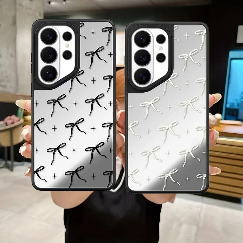 Black / White Ribbon Bowknot Mirror Surface Magnetic Phone Cover for Samsung Galaxy S23 S24 S25 S26 Ultra S26+ Plus Case
