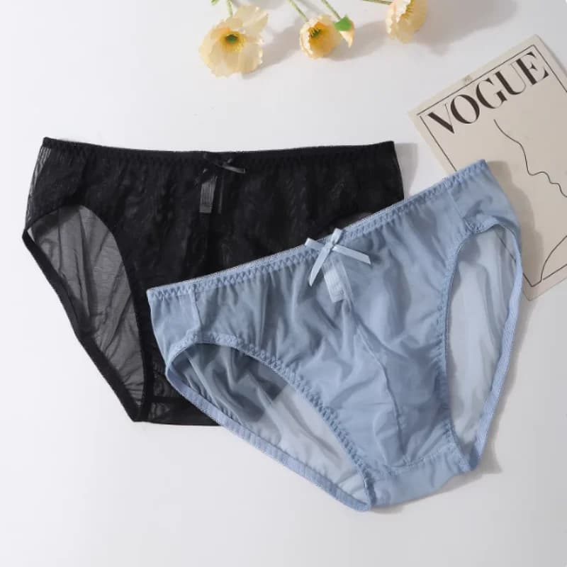 Man's Transparent Mesh Breathing BF Briefs Mid Waist Quick Dry Bow Comfortable Underwear Ultra-Thin Daily Wear Panties