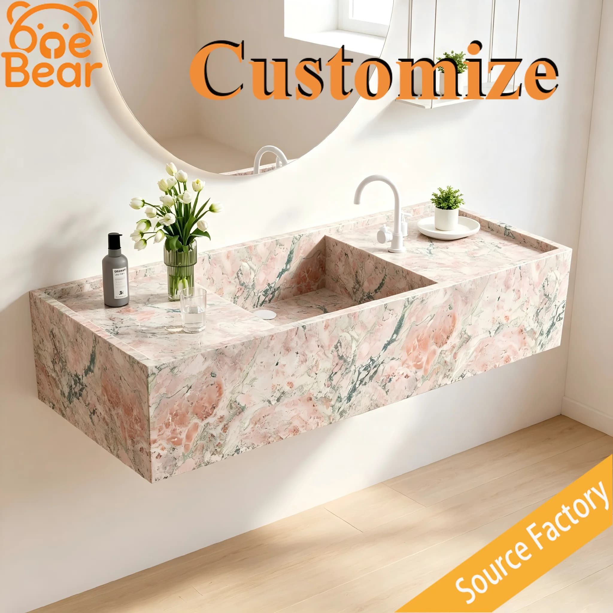 Custom Natural Marble Integrated Sink, Floating Wall Hung Vanity Basin, Natural Veins Easy Clean for Hotel Commercial Bathroom