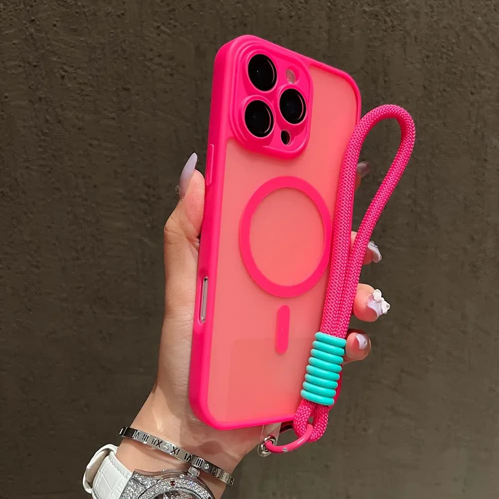 Candy Color For Magsafe Phone Case For iPhone 16 11 12 13 14 Pro Max 15 Plus Hand Wrist Strap Lanyard Matte Shockproof Cover