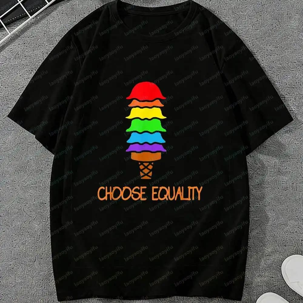 Men Women's LGBT Choose Equality Rainbow Ice Cream Tshirt Cute Pride Cartoon Graphic Print Cotton Tee LGBTQ+ Support Novelty Top