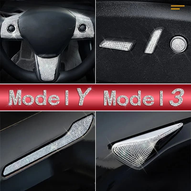 Decor Ornament Bling Diamond Steering Wheel Logo Trim Sticker For Tesla Model 3 Model Y Crystal Interior Refit