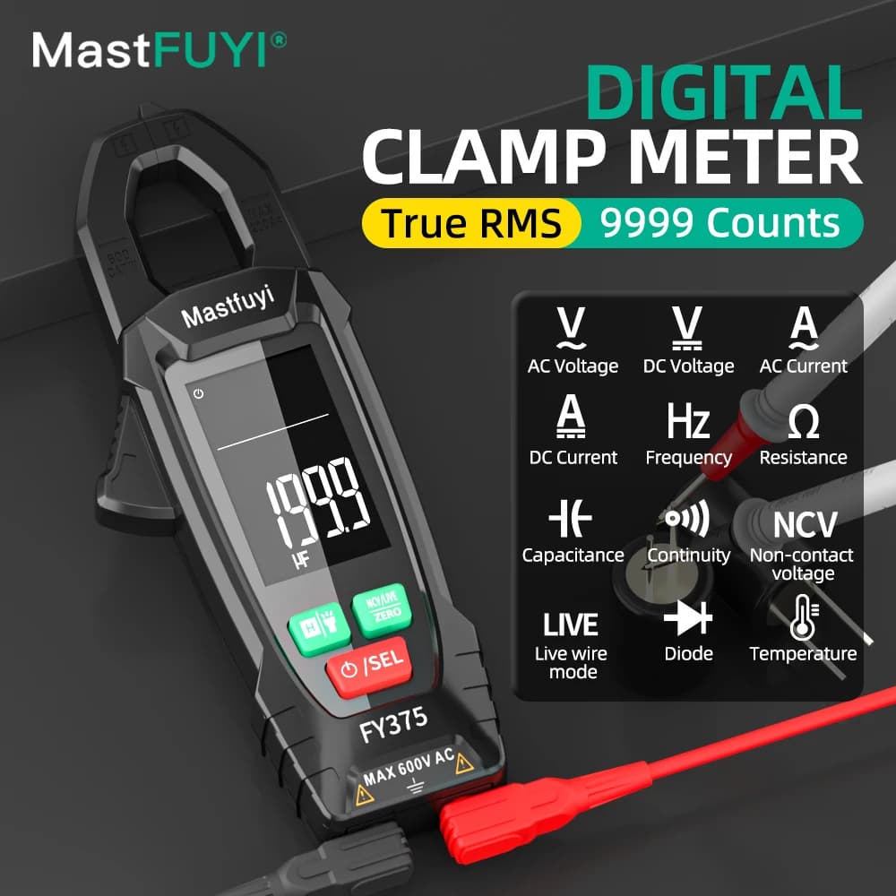 MASTFUYI High Precision Clamp Meter 9999 Counts True RMS AC/DC Current 200A Full-Function NCV Ohm Portable Electrician Tool