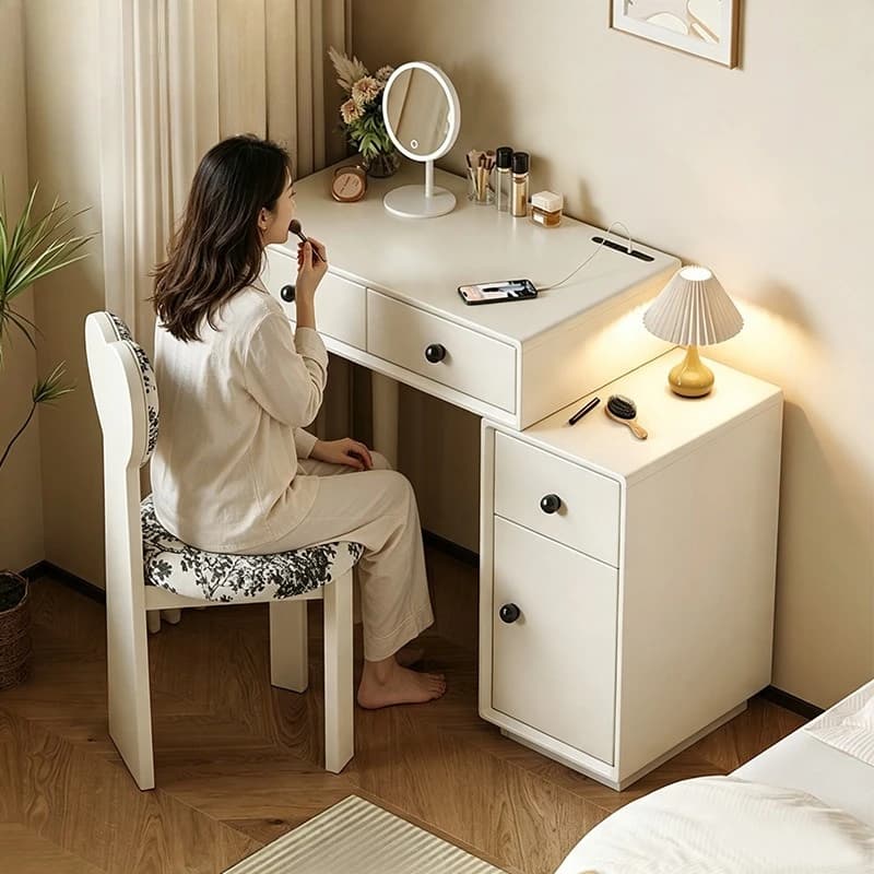 Cream wind dresser, small apartment bedroom retractable side cabinet integrated makeup table with USB socket makeup table