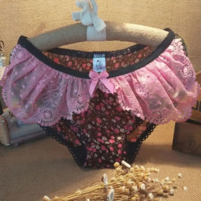 Women Sexy Lace Panty Semi Transparent Mesh Printing Underwear Print Briefs Sissy Low Waist Ruffled Bow Panties
