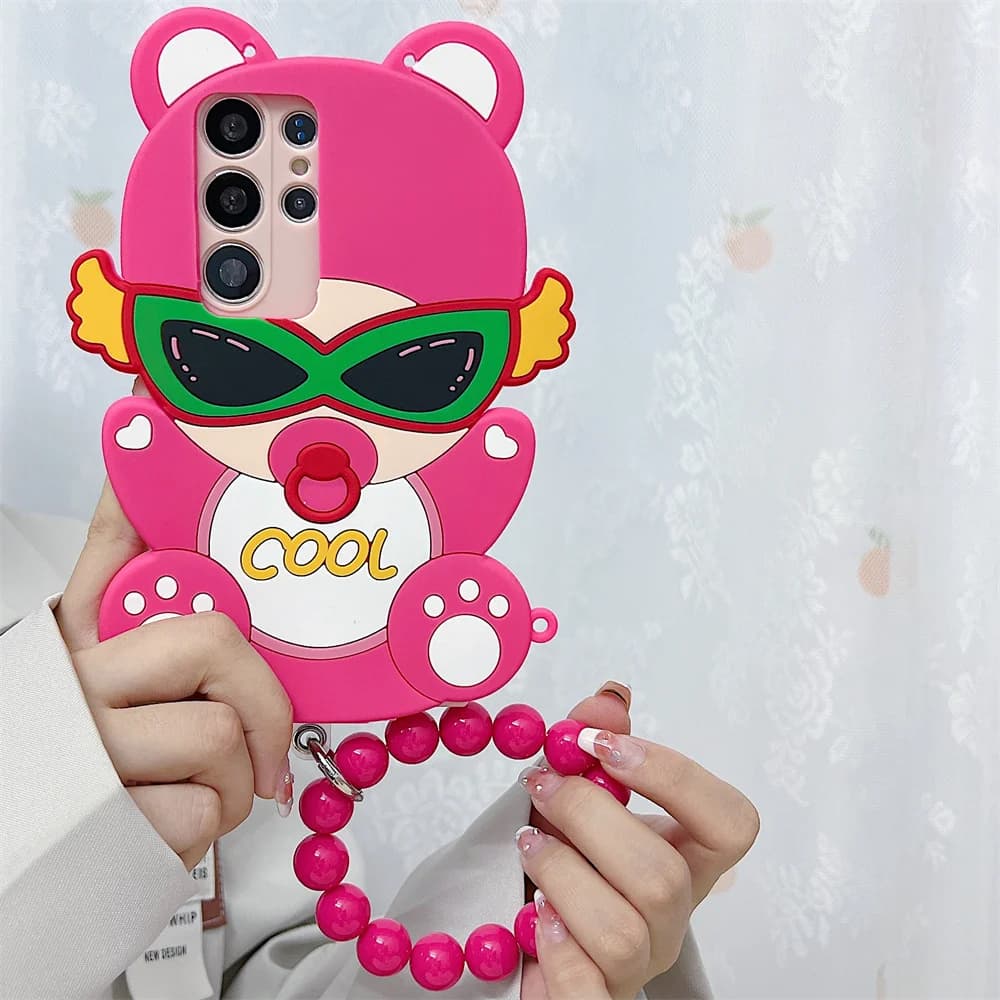 Y2K Cool Sunglasses Bear Bead Chain Phone Case for S26 Ultra Crossbody Strap Protective Cover for Samsung Galaxy S25 S23 A57