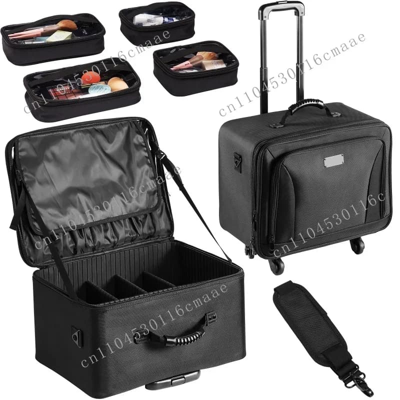 Rolling Makeup Train Case Storage Convenient Carry with Handle Wheels Strap Makeup Organizer Box Waterproof Oxford