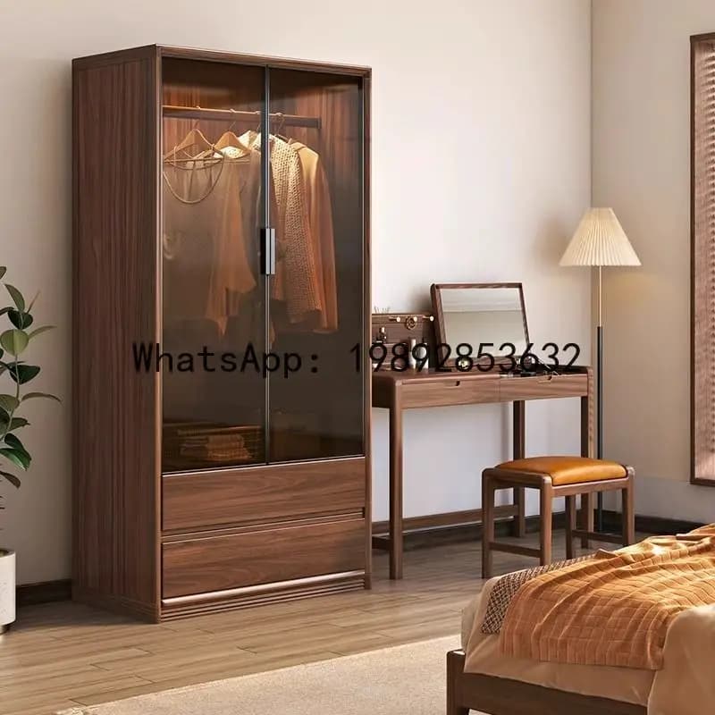 X-28  new chinese style black walnut solid wood wardrobe - minimalist bedroom storage home closet combination