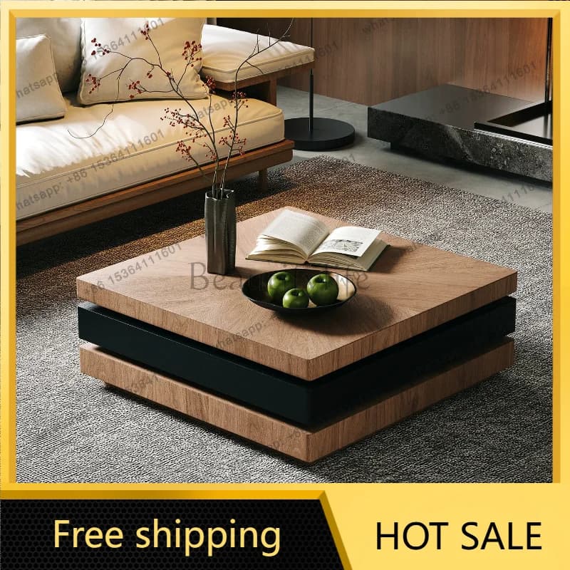 Zj.wabi sand wind rotating coffee table solid wood retro living room home wind square small side table