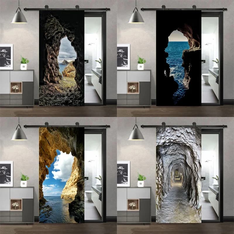 Door Stickers Adhesive  Beach Cave Posters Wallpaper for Living Room DIY Full Door Mural Cover Art Poster Home