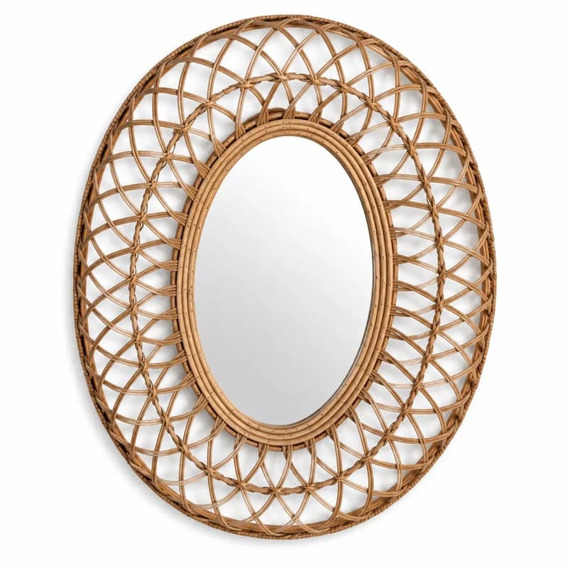 Handwoven Rattan Bamboo Wall Mirror Boho Oval Vanity Mirror Vintage Wicker Decorative Mirror for Bedroom Entryway 64x52cm Rustic