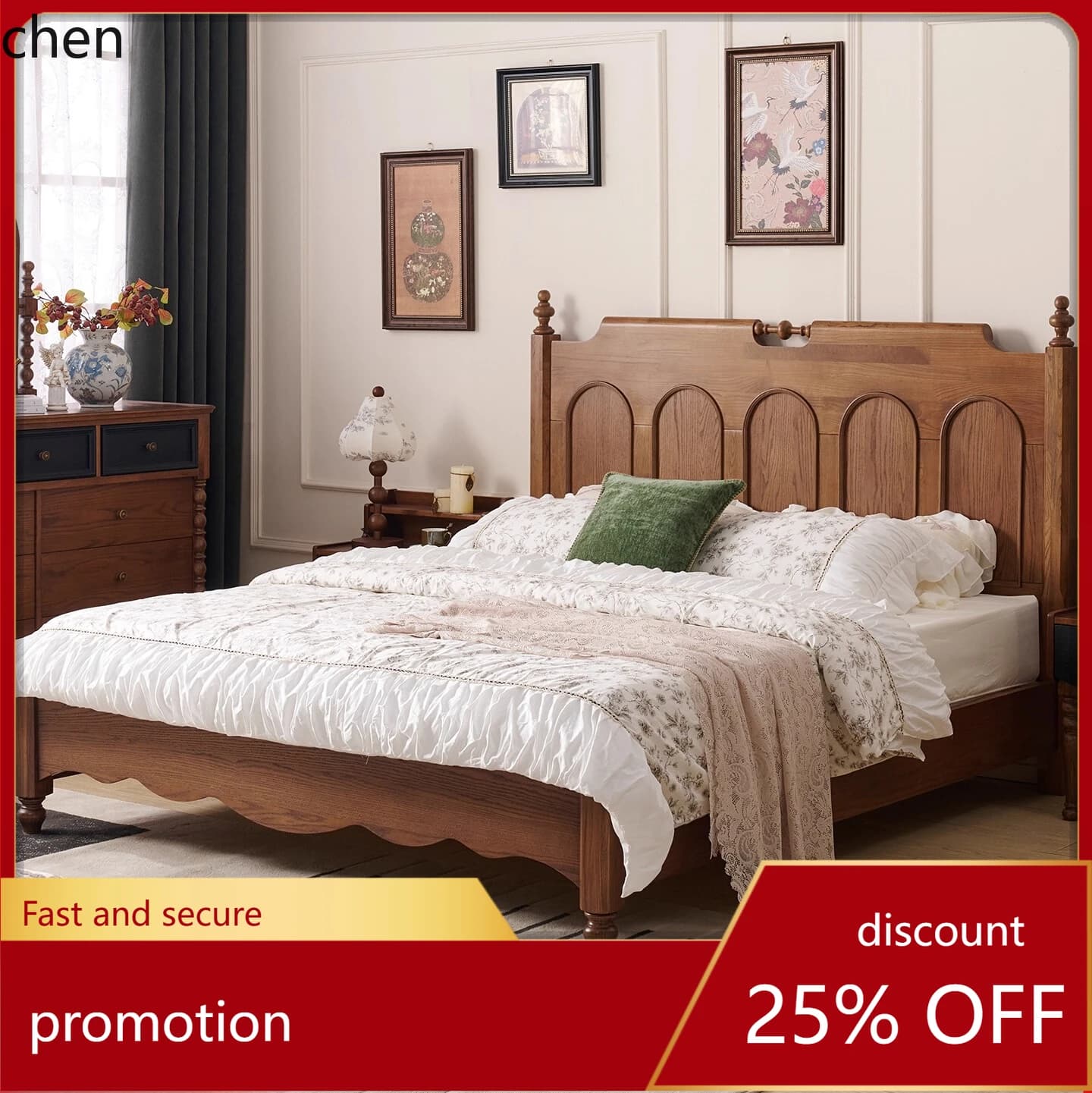 HT Style Retro Solid Wood 1.8m Large Bed Master Bedroom Vintage Furniture Simple Wedding Bed
