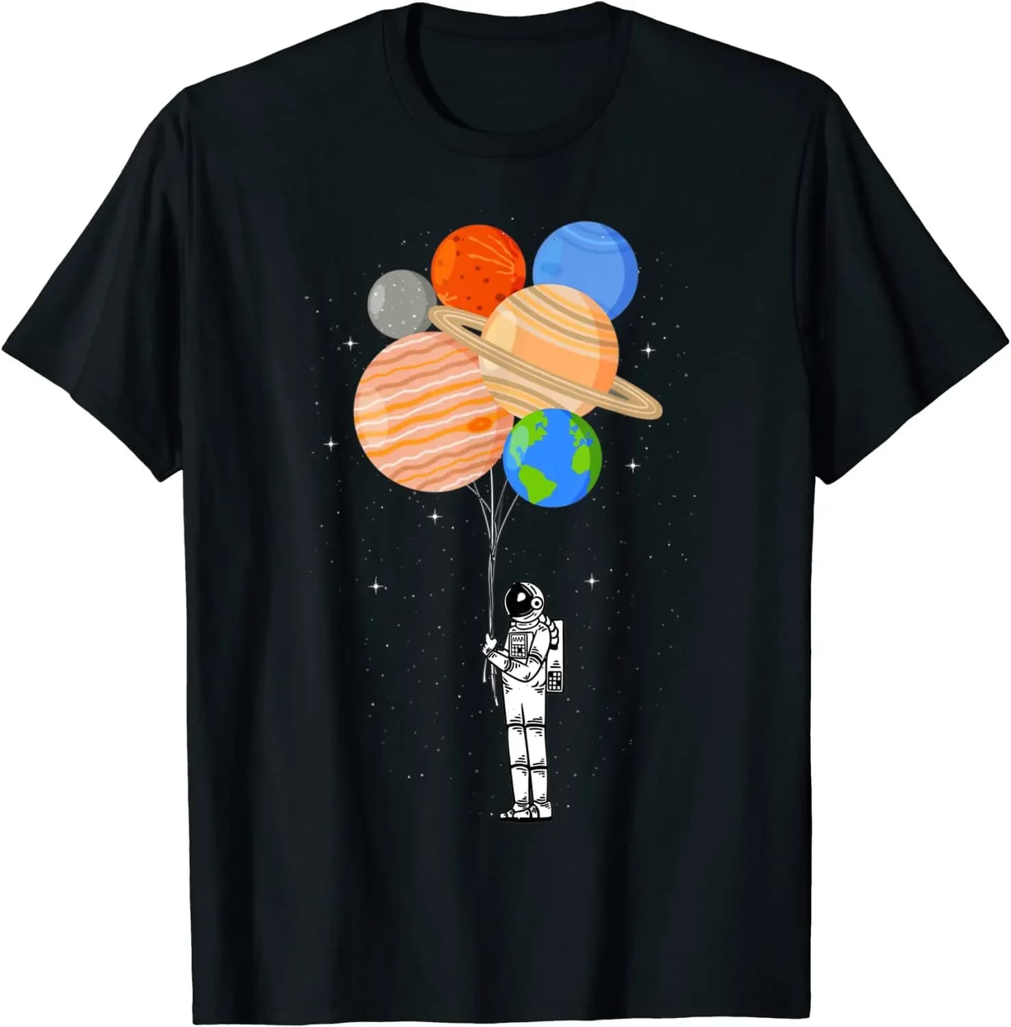 Astronaut Holding Planet Balloons Solar System Space T-Shirt Short Sleeve Casual 100% Cotton O-Neck Summer Shirt