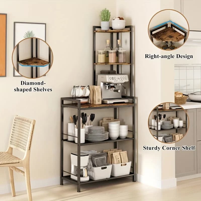 5-Tier Vintage Brown Corner Shelves with Stainless Steel And Wood Multipurpose Storage Shelves with Open Shelves And Doors
