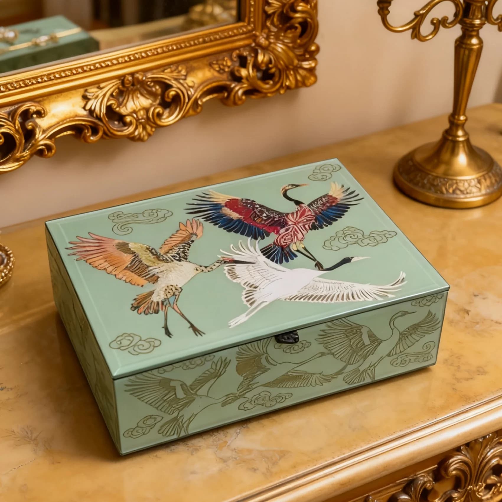 Medium to large auspicious cloud and crane painted dust-proof box, a stylish Chinese-inspired desktop ornament, premium multi-fu