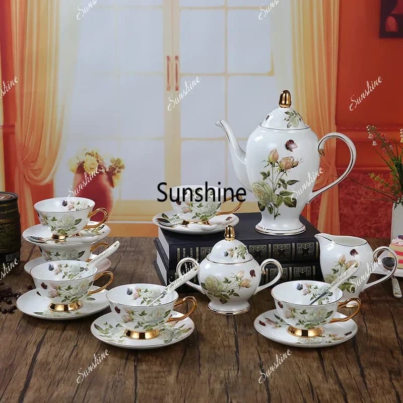 Bone China Coffee Set Camellia Style British Porcelain Tea Set Ceramic Pot Creamer Sugar Bowl Teatime Teapot Coffee Cup Mug Coff