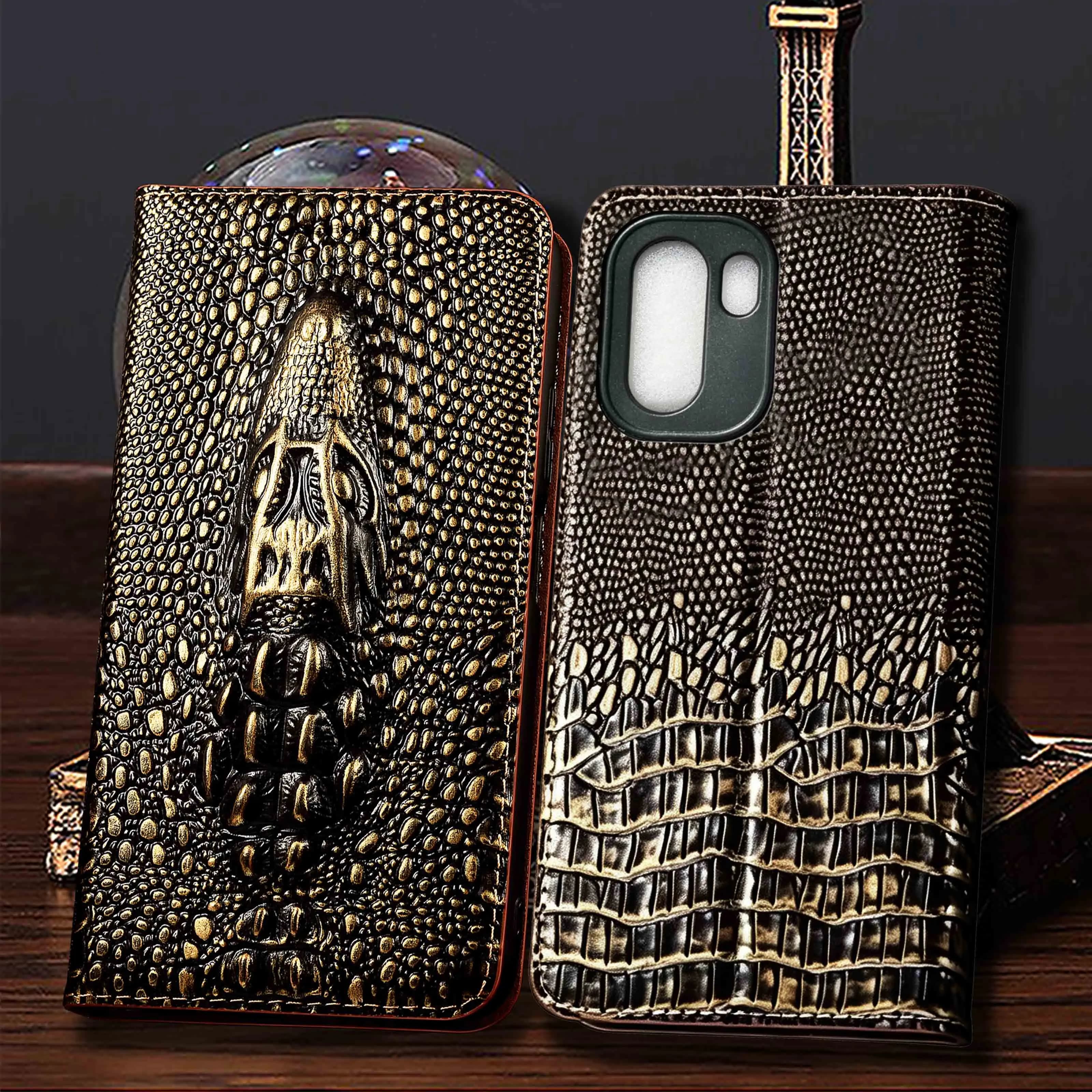 For Oneplus 9 9R 9T 10R 10T 11 12 12R 13 13R 13T 15 15R 15T Pro Vintage Crocodile Head Pattern Genuine Leather Flip Phone Case