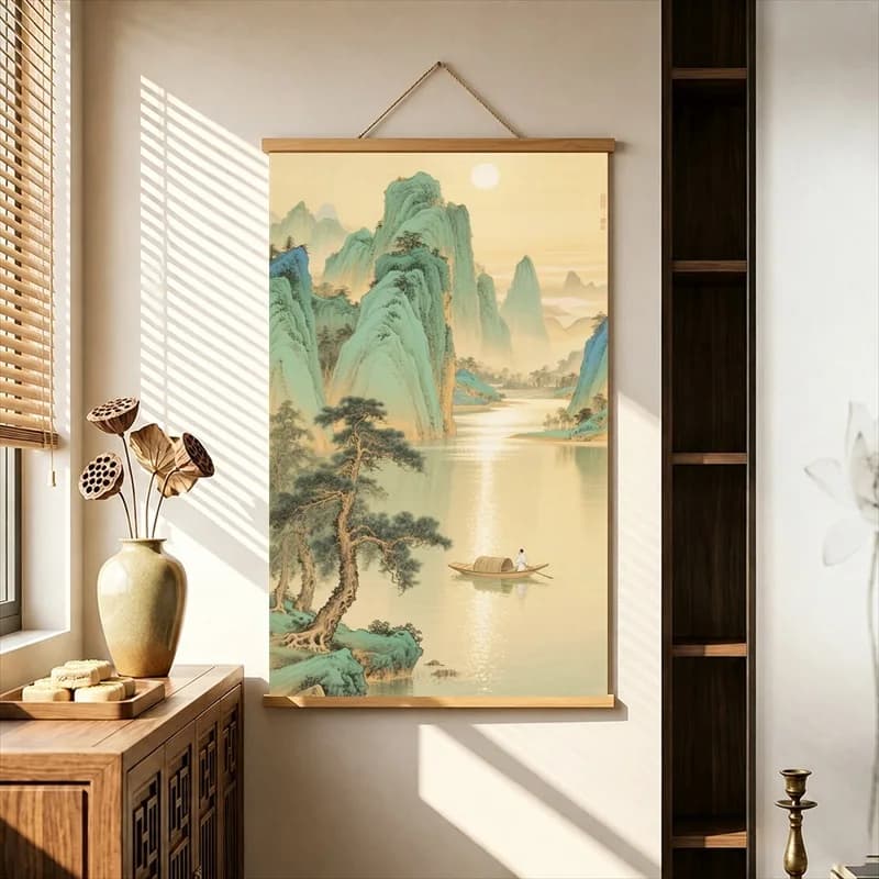 Wall Decorations Jade Mountains and Ancient Pine Landscapes, Oriental Vintage Pearlescent Canvas Hanging Scroll for Japanese Inn