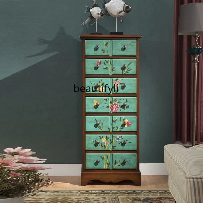 Solid Wood Drawer Chest Living Room Bedroom Storage Vintage Painted Furniture Storage Cabinet