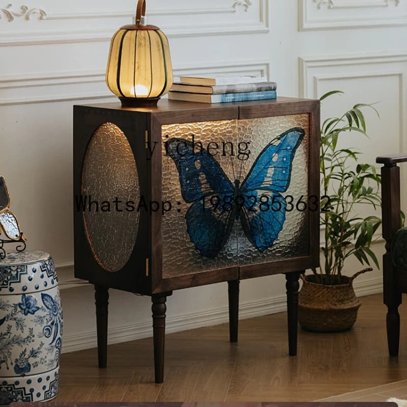 CC side cabinet black walnut retro painted glass French living room cabinet entrance cabinet home accessories