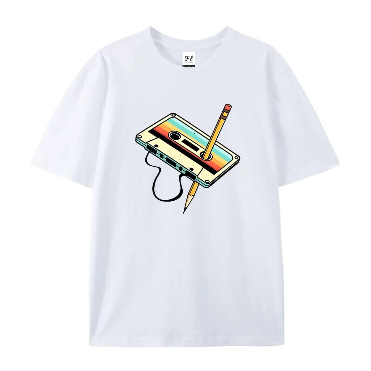 Men Retro Cassette Tape And Pencil Graphic T Shirt Summer Short Sleeve Round Neck Casual Cotton Tee Vintage Music Streetwear Top