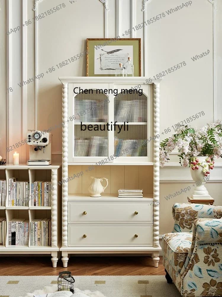 CC182White Cream Style Bookcase Light French Living Room with Glass Door Wine Cabinet Storage Display Cabinet R