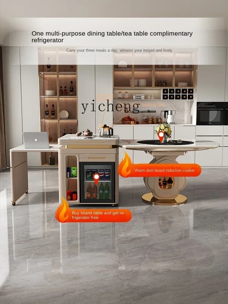 v9.10-Retractable round Table Stone Plate Middle Island Table Dining Table Integrated Home Modern Smart Turntable