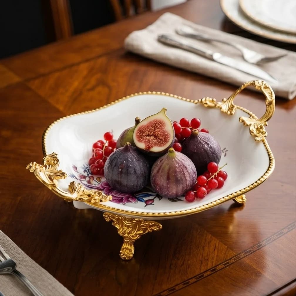 Porcelain Fruit Tray Ceramic Gold Handle Floral Light Luxury American Style Dried Fruit Bowl Living Room Home Decor