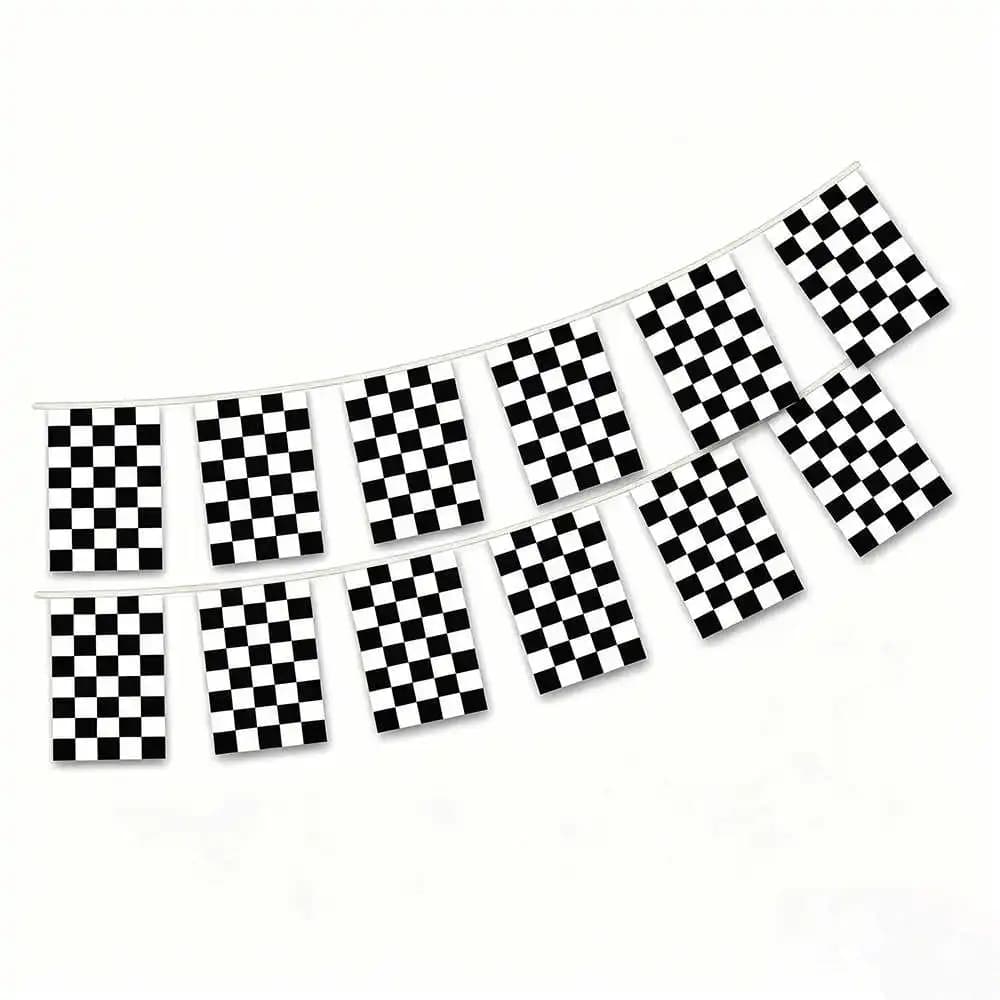 20PCS/SET Checkered Racing Flags 14x21cm Polyester Rectangle Black White Printed String Bunting Hanging For Auto Race Decoration