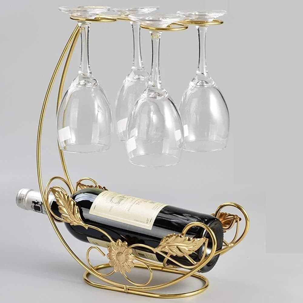 Creative Rack With Patterns, Accommodating 1 Bottle 4 Of Wine, Stylish Metal Bottles And Glasses Home Themed Decorative Wine