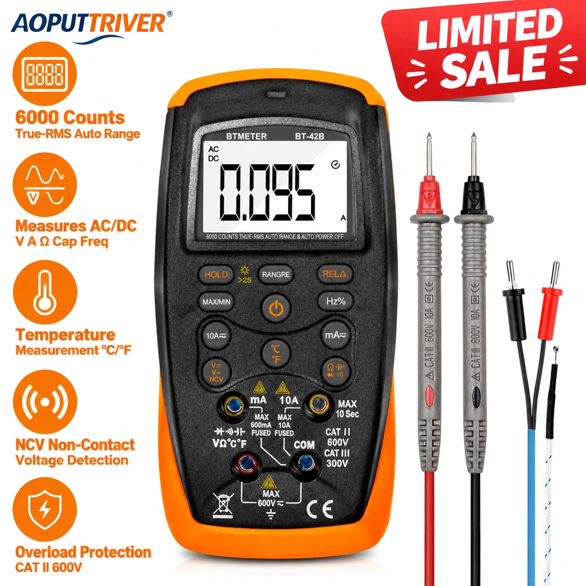 Digital Multimeter 6000 Counts Auto Ranging True RMS AC DC Voltage Current Tester NCV Temperature Capacitance Resistance Diode