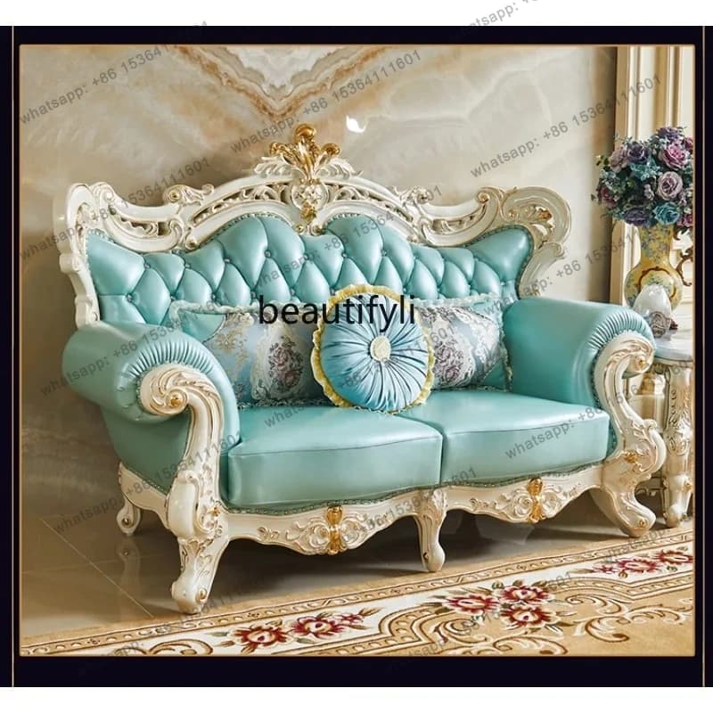 European leather sofa full solid wood carving flower living room first layer cowhide pastoral 123 combination sofa