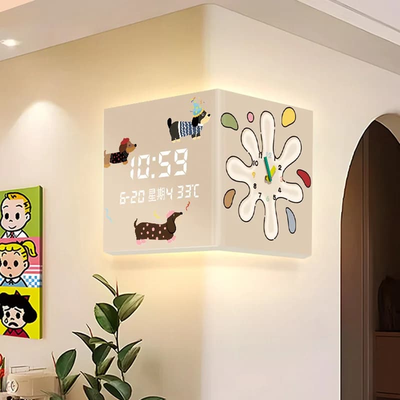 Dopamine Corner Dual-Sided Wall Clock, Cream Style Cartoon Dog Clock, Creative Wall Light, Electronic Decorative Clock