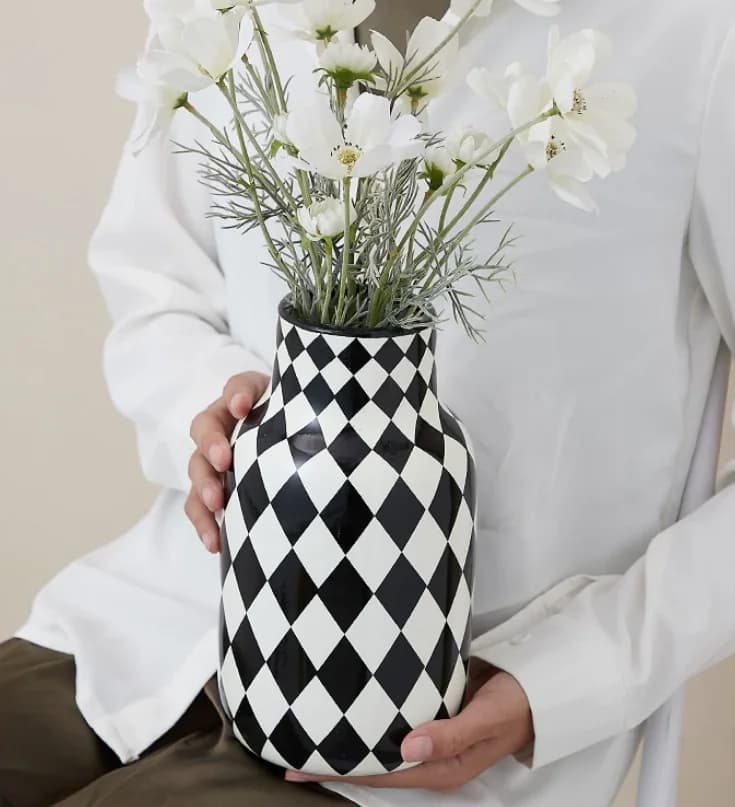 Nordic Black White Checkered Ceramic Vase - Modern Home Decor, Handcrafted Accent for Living Room, Office & Showroom
