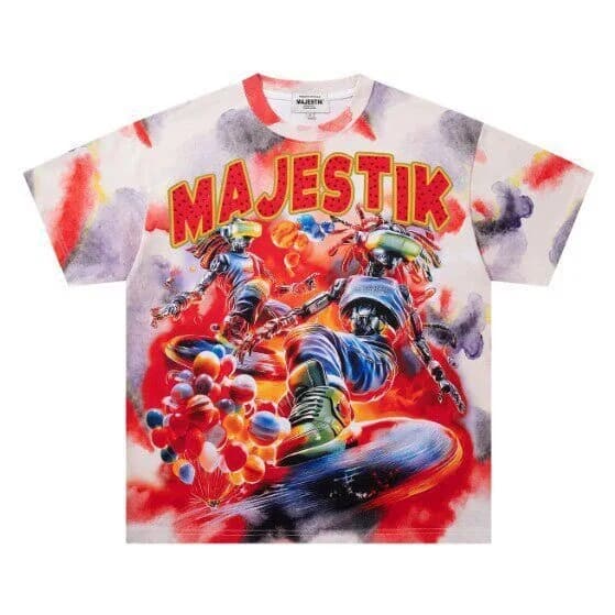 MAJESTIK Robot Direct Spray Printed Loose Washed Vintage Stained Diamond Round Neck Short Sleeve T-Shirt