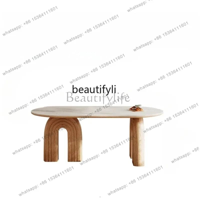 Japanese cream style solid wood dining table modern simple small apartment household oval rock slab dining table