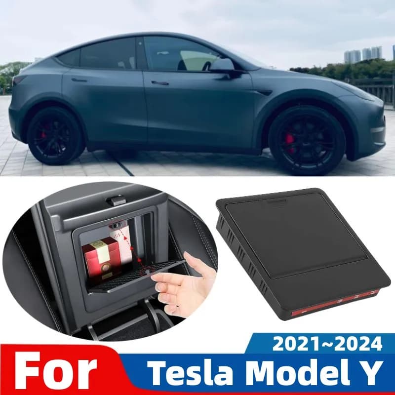 For Tesla Model Y 2021~2024 Car Armrest Hidden Button Case Wallet Card Sundries Storage Box Black Organizer Interior Accessories