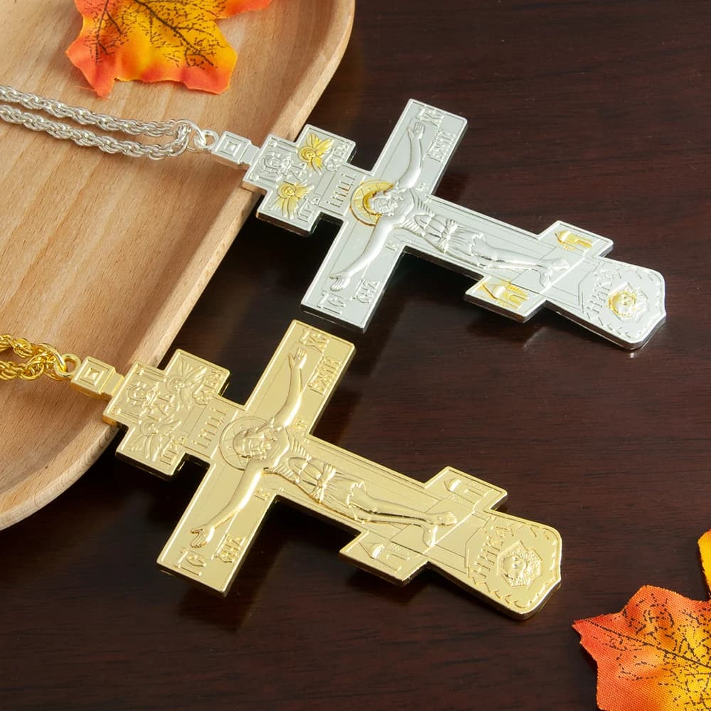 HTISOK Orthodox Pendant Gold Alloy Pectoral Cross Necklace with Jesus Crucifix Carry Prayer Items Pastor Gift