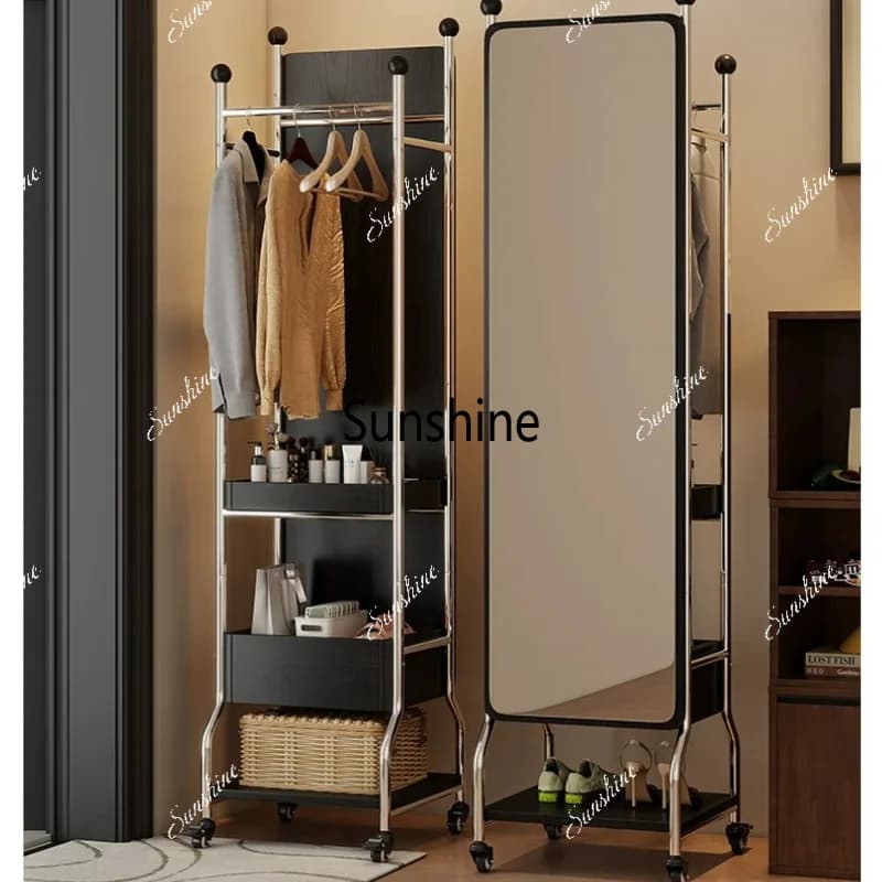 Bedroom coat rack integrated rotating dressing mirror, movable floor-standing fitting mirror