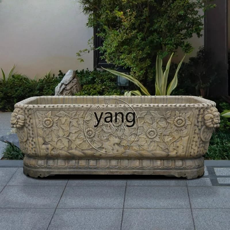 yjq Antique Stone Carving Fish Tank Rectangular Stone Basin Fish Breeding Flower Pot White Jade Distressed